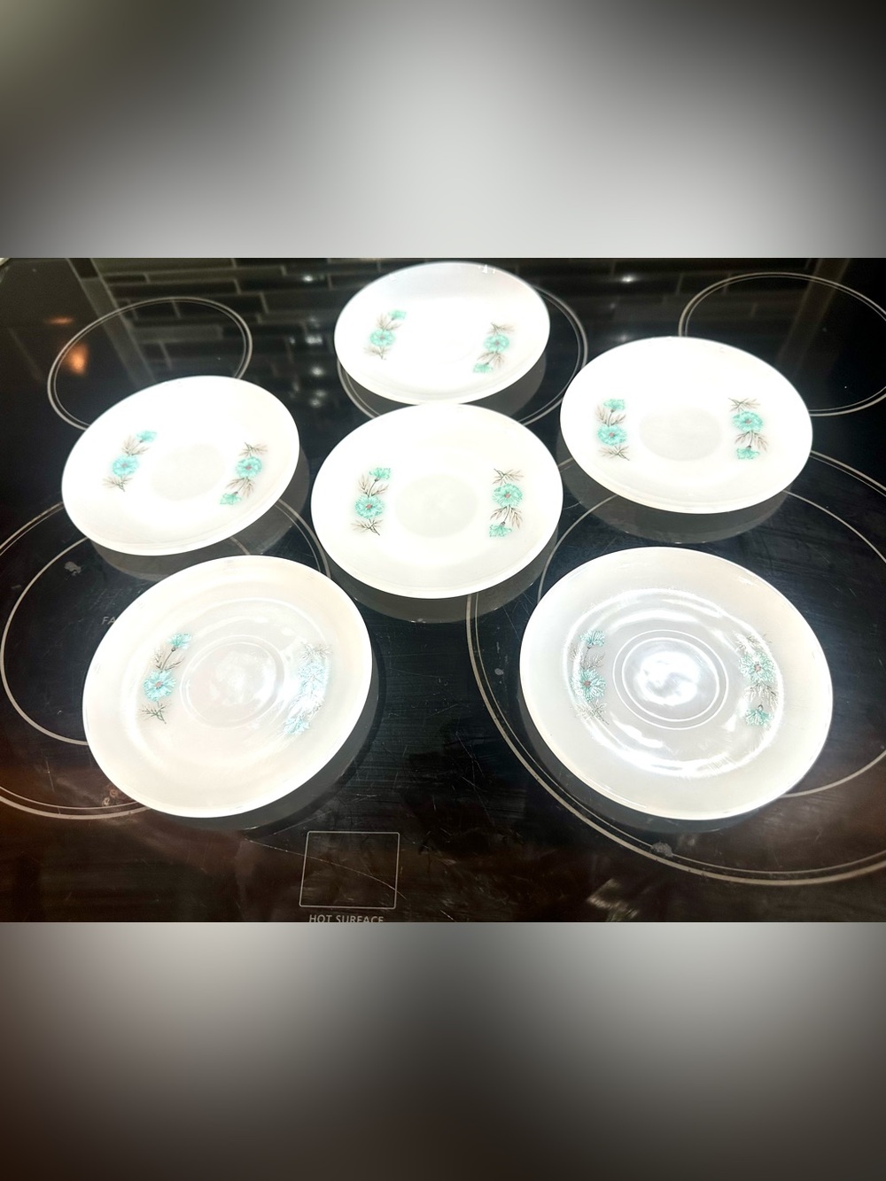 VTG Anchor Hocking Fire-King "Bonnie Blue" Milk Glass Saucers Teal Carnation 6